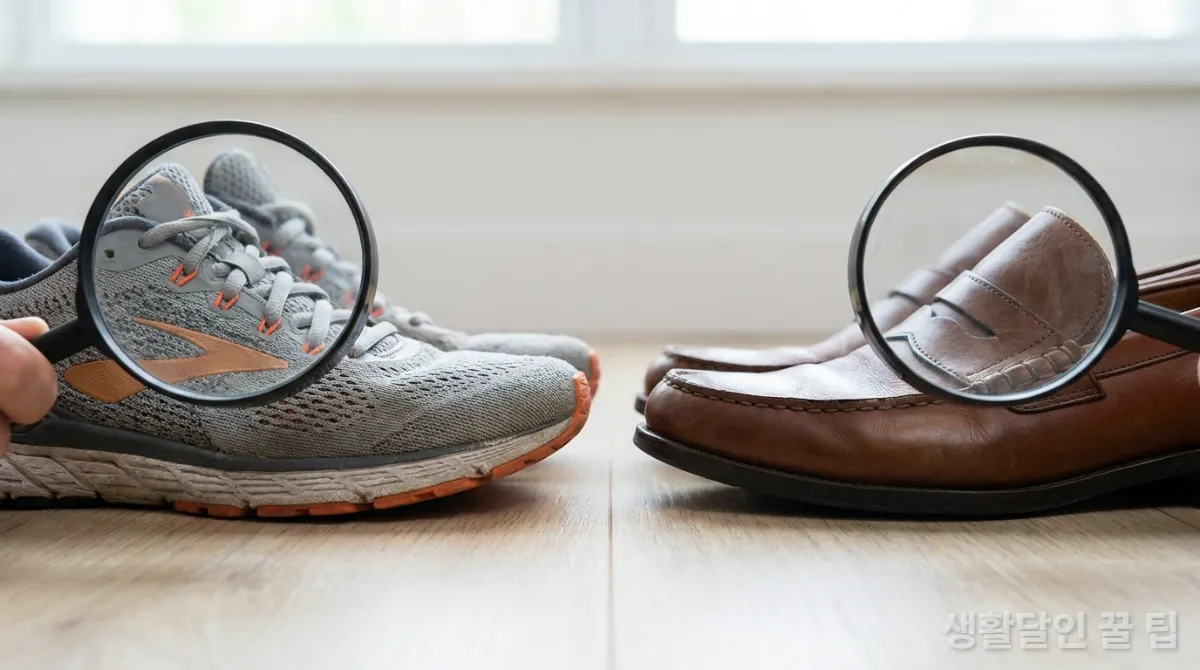 운동화와 가죽 로퍼를 나란히 놓고 확대경으로 비교하는 모습