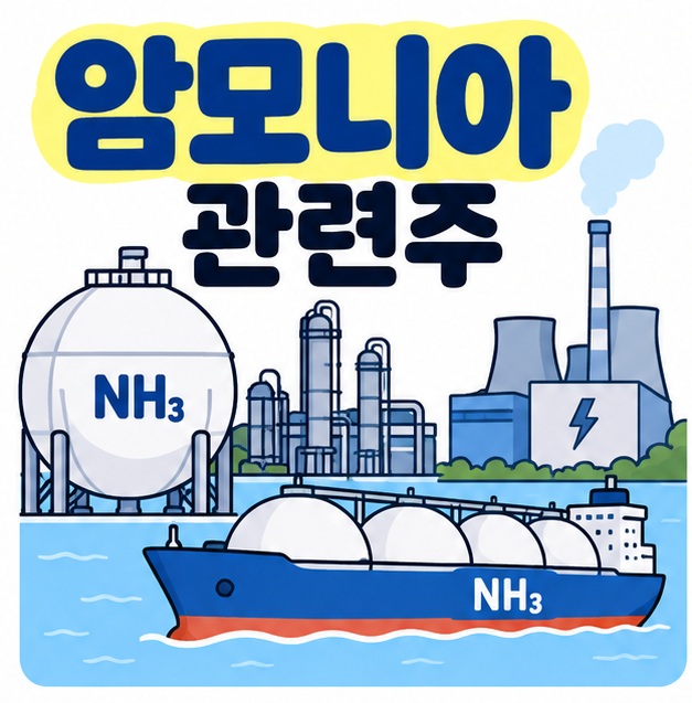 암모니아 관련주 문구와 암모니아 저장탱크, 플랜트, 발전소, 운반선 아이콘을 보여주는 대표 카드