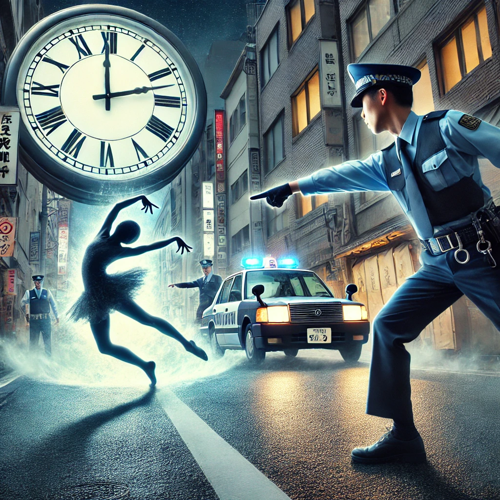설명: 도쿄 거리에서 춤추던 사람이 자정에 경찰에게 제지당하는 모습.