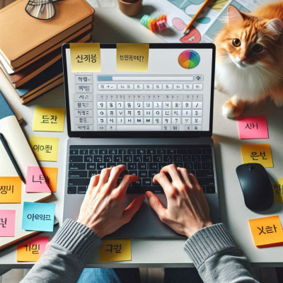 포스트잇이 붙은 노트북으로 단어를 검색하는 장면과 고양이