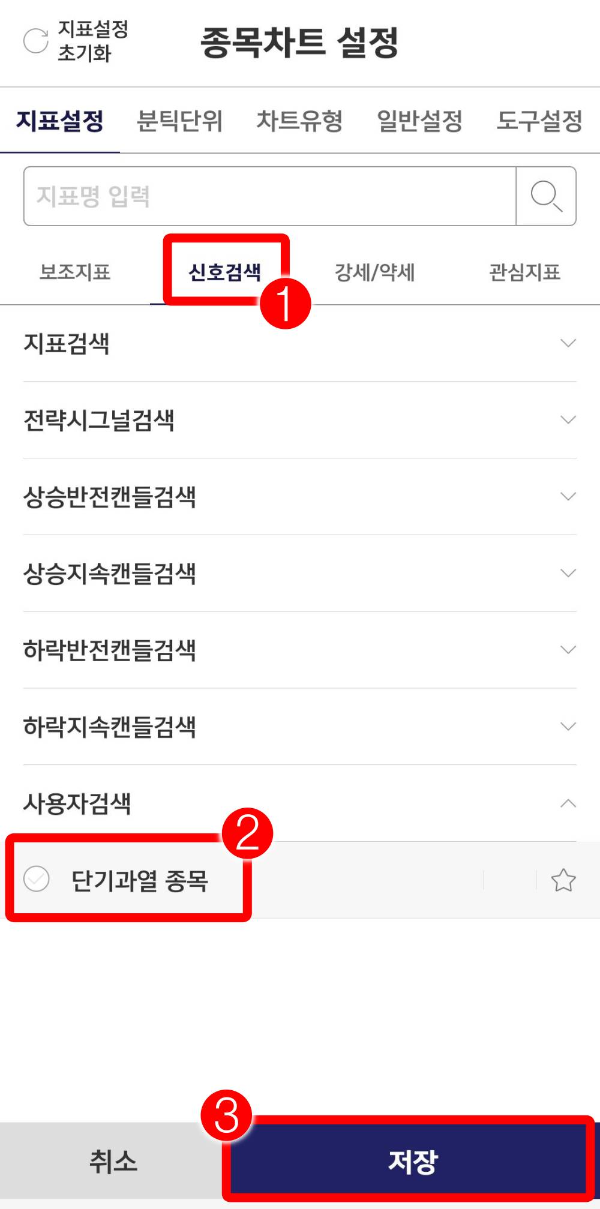 종목차트 설정 신호검색