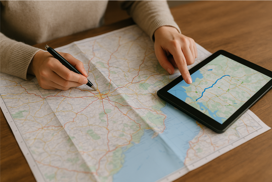 종이지도와 태블릿을 함께 활용해 여행 계획