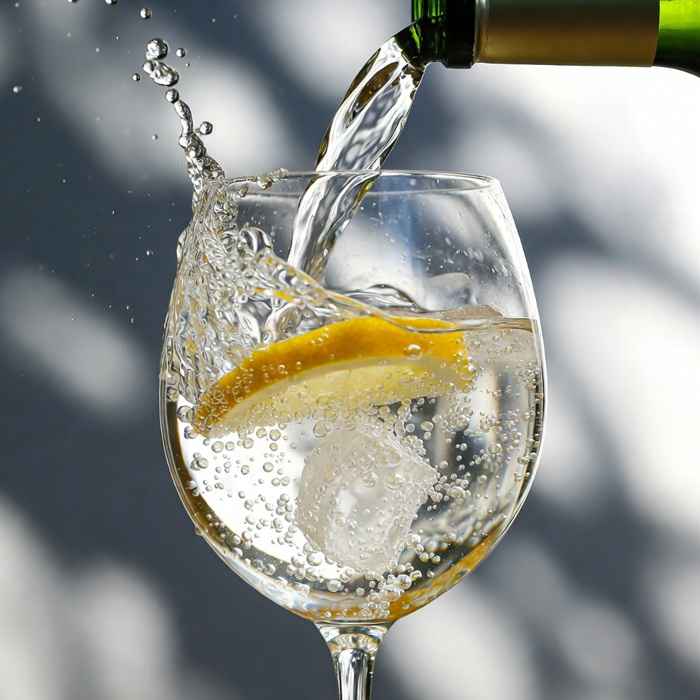 와인 잔에 탄산수를 부어 기포를 만드는 스프리츠 비앙코 제조 과정