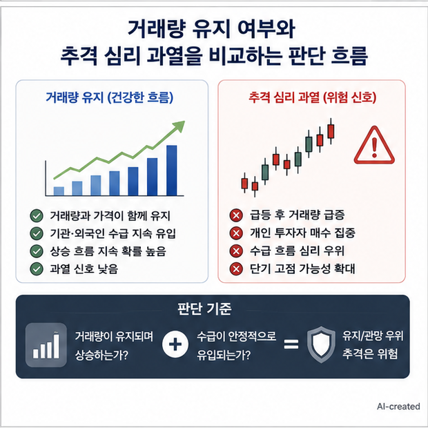 리벨리온 관련주 거래량 유지 여부와 추격 심리 과열을 비교하는 판단 흐름