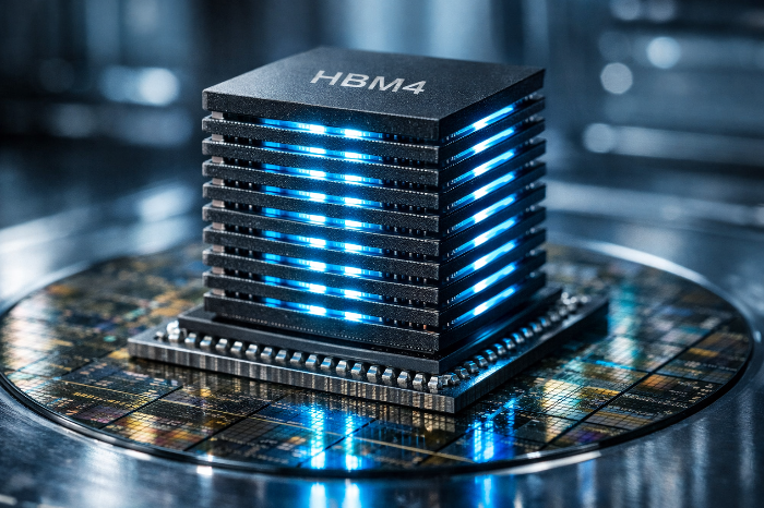 16단 수직 적층 구조를 가진 차세대 HBM4 메모리 반도체 칩의 상세 클로즈업 이미지.