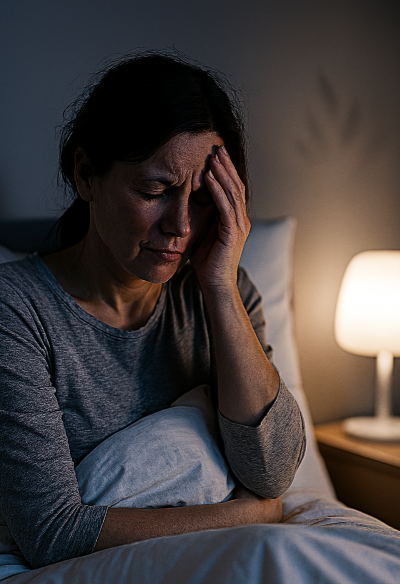 침대에 앉아 잠을 이루지 못한 채 이마를 짚고 있는 중년 여성의 모습
