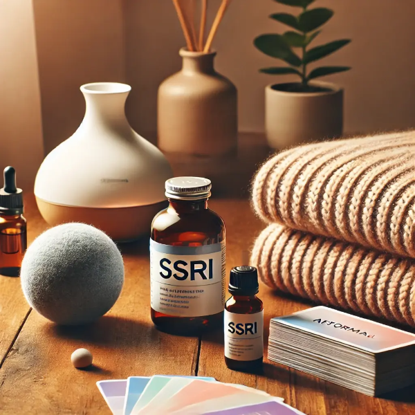 SSRI 약물, 오일 디퓨저, 스트레스볼 등이 세워져 있는 따뜻한 스튜디오 이미지