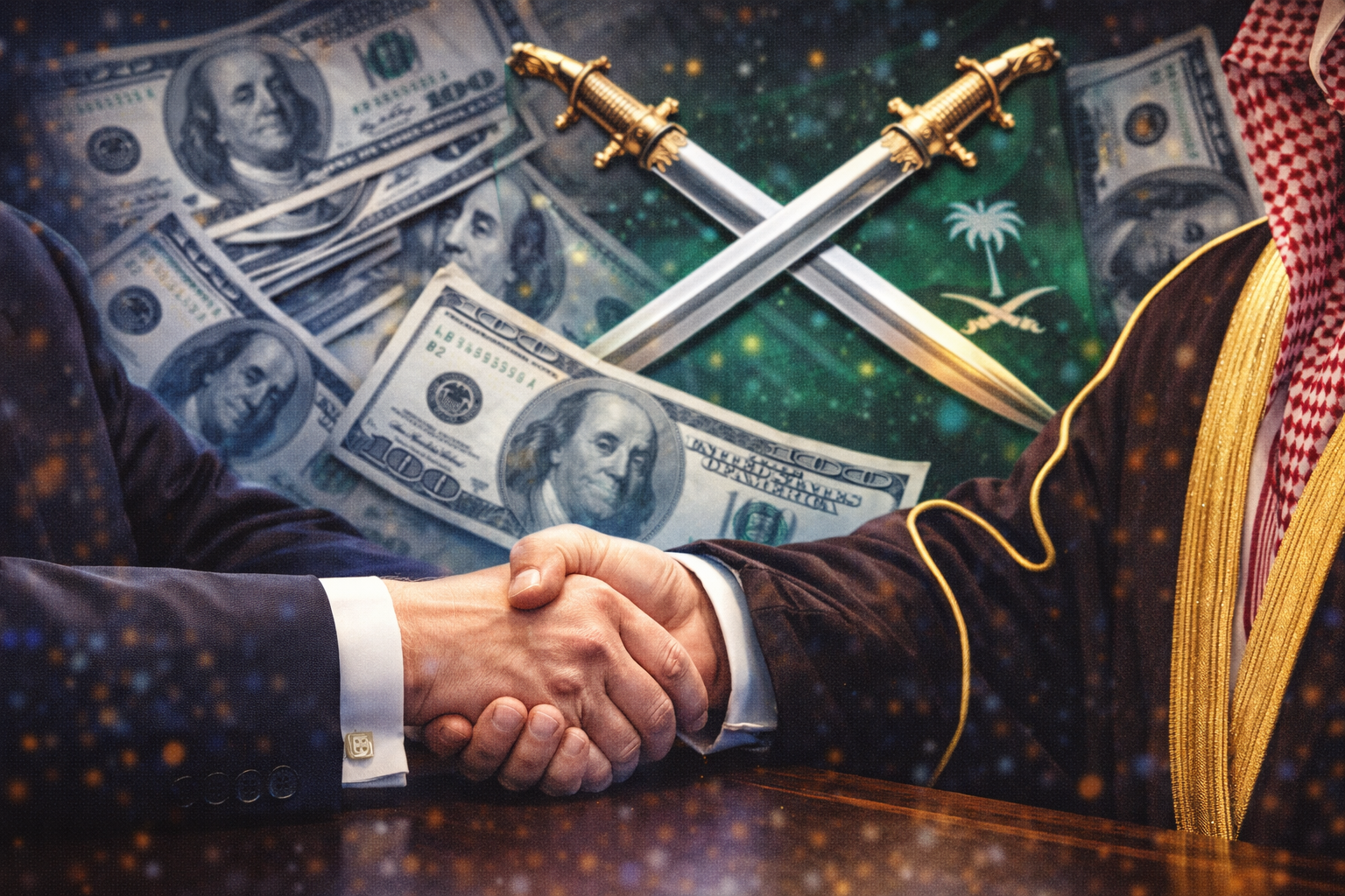 Close-up of Trump and Bin Salman shaking hands. In the background, US dollar bills and Saudi swords are crossed in an X shape.