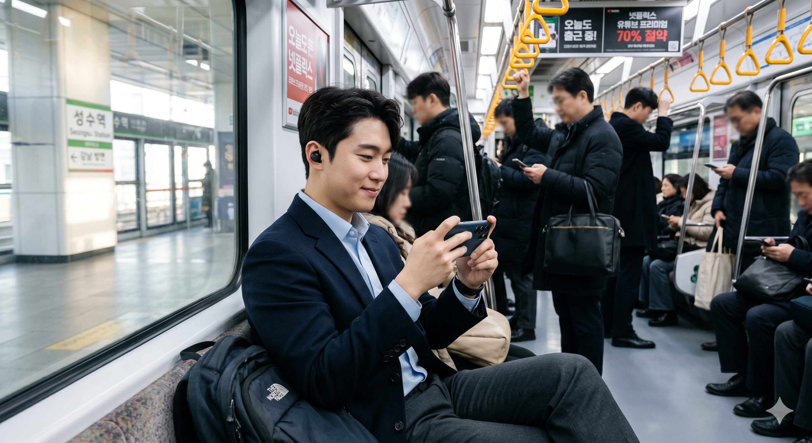 즐거운 표정으로 스마트폰과 태블릿을 보며 구독료를 절약하는 세련된 직장인의 모습