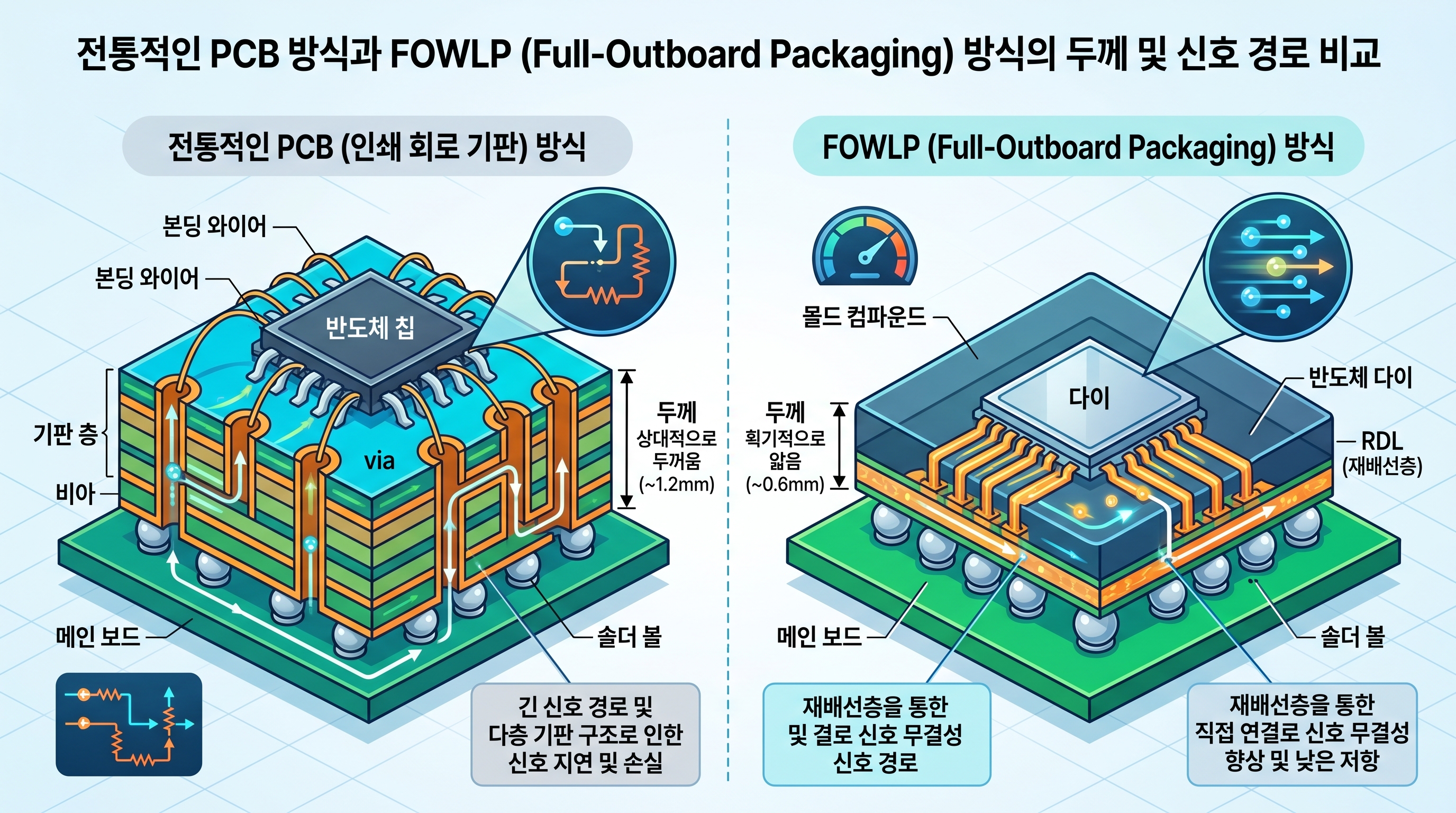 기존 패키징 기판(PCB) 방식과 FOWLP(기판 생략) 방식의 두께 및 신호 경로 비교