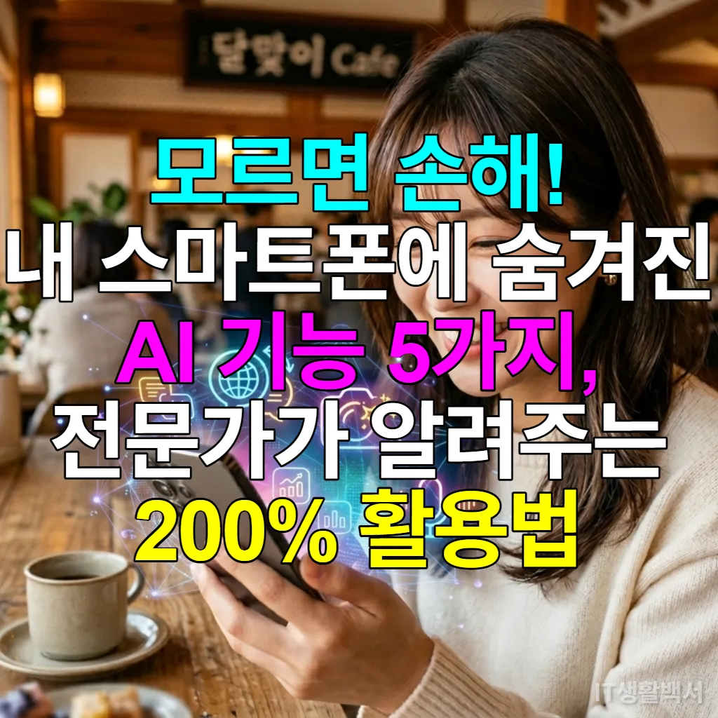 스마트폰 AI 기능을 활용하며 미소 짓는 한국인. 화면에는 실시간 번역, AI 사진 편집, 음성 비서 아이콘이 표시되어 있다.