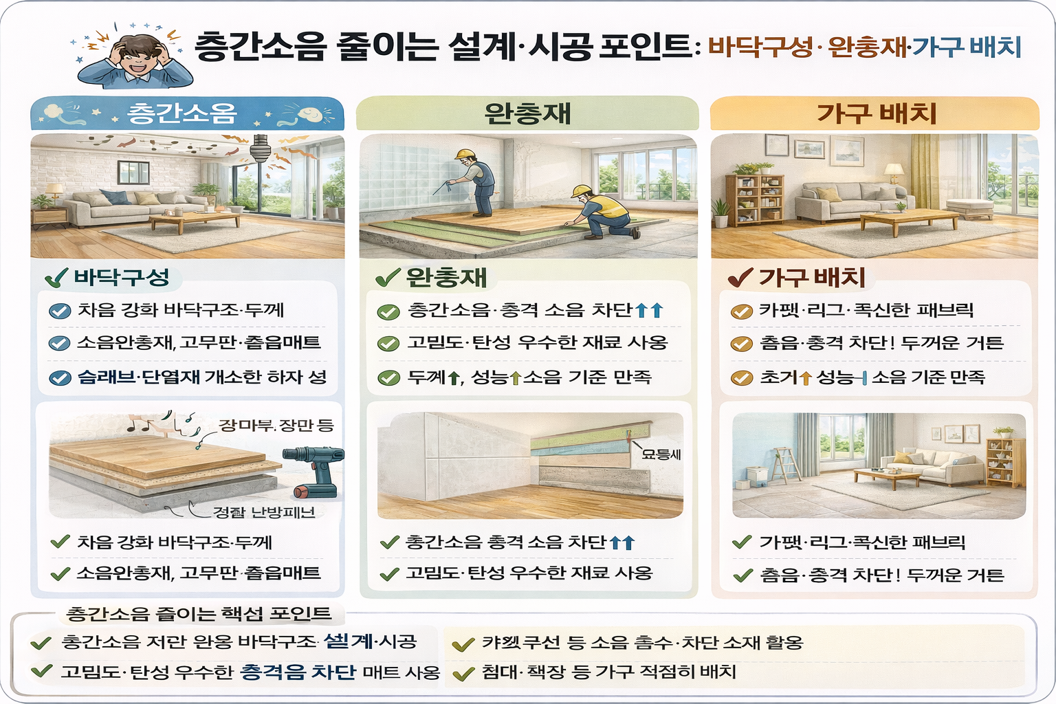 층간소음 줄이는 설계/시공 포인트: 바닥구성, 완충재, 가구 배치(층간소음, 바닥구성, 완충재)