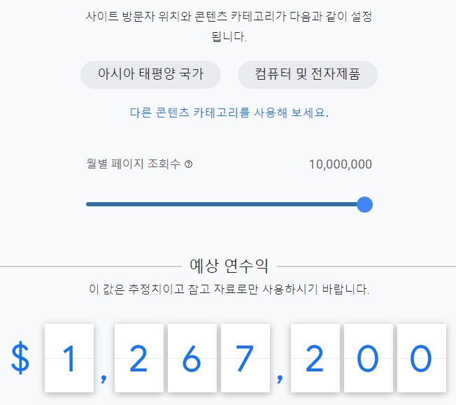 컴퓨터 및 전자제품 콘텐츠 구글 애드센스 예상 연 수익