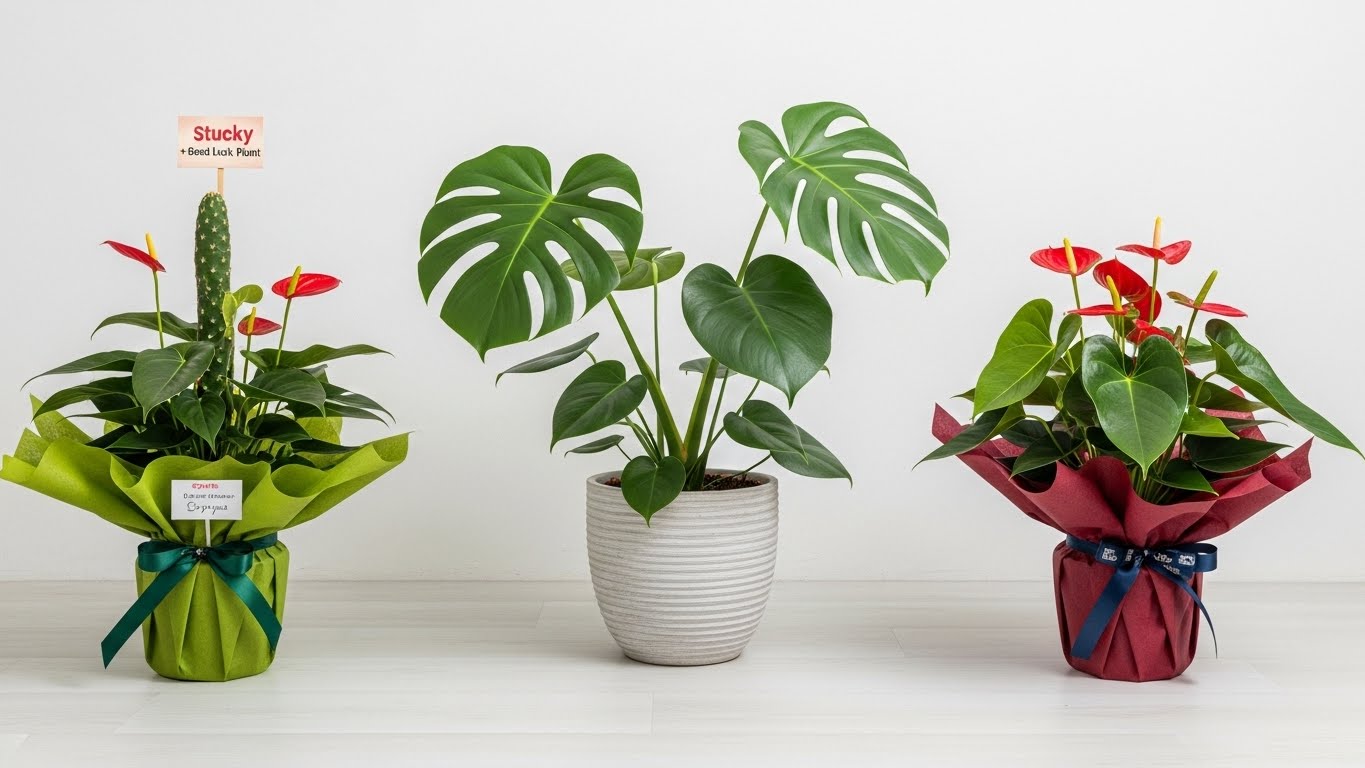 새집 입주 선물용 식물들이 리본 포장된 화분에 담겨 테이블 위에 놓인 모습