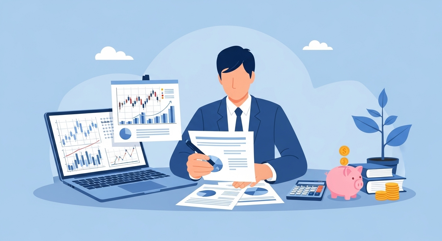 한 개인이 노트북으로 주식 차트를 보고 계산기를 사용하며 재무 계획을 세우는 모습. 꾸준한 투자와 장기적인 관점의 중요성을 상징하는 이미지.