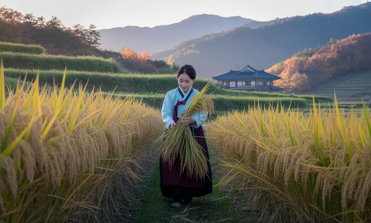 추분. 벼 수확을 하고 있는 젊은 여성의 모습