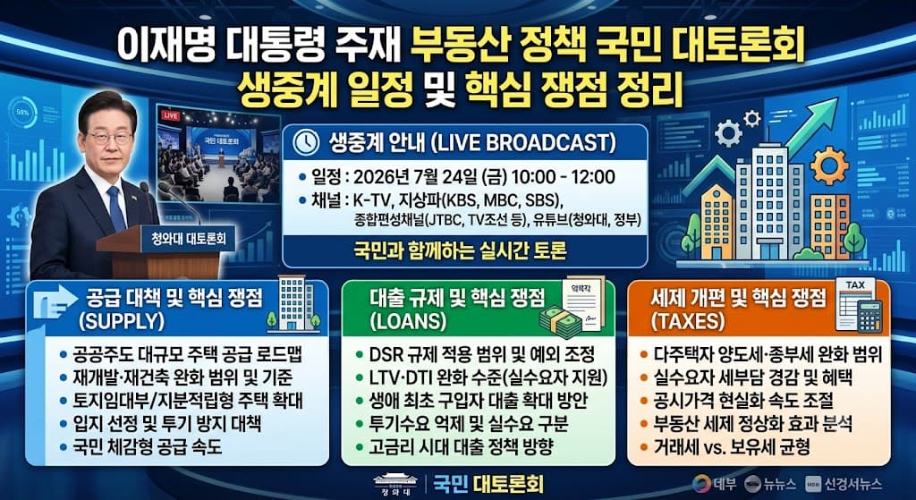 이재명 대통령 주재 부동산 정책 국민 대토론회 생중계 시간과 공급 대출 세제 핵심 쟁점을 정리한 이미지