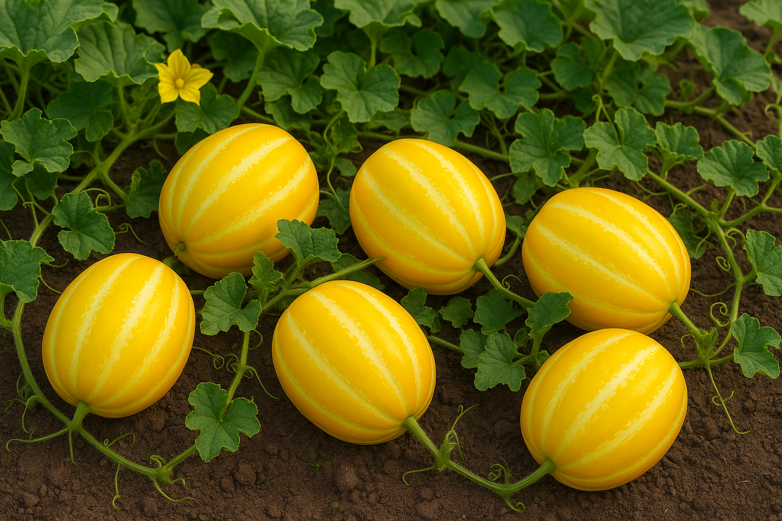 [밭에서 자라는 노란 참외 여섯 개와 초록 잎