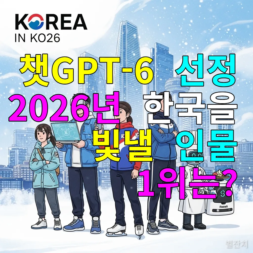 2026년 한국을 빛낼 다양한 인물들과 서울의 미래지향적인 겨울 풍경 일러스트