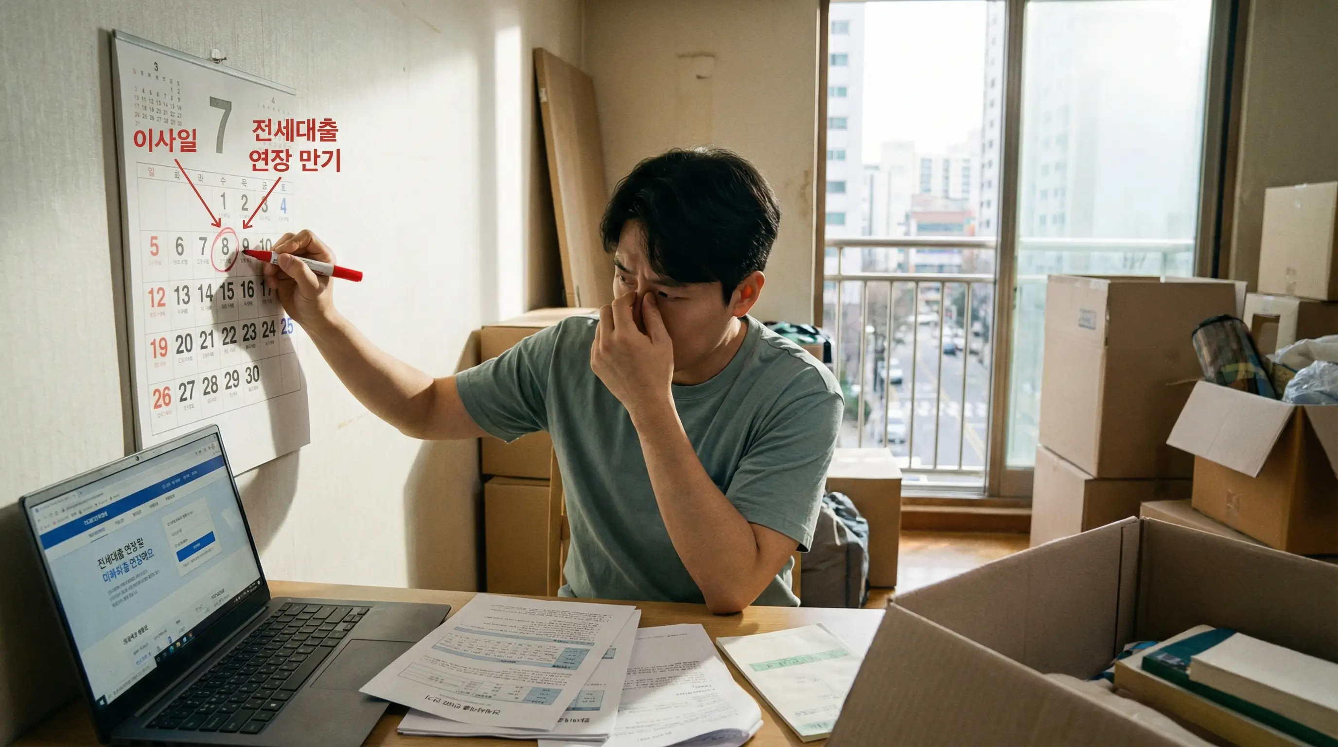 이사를 앞두고 달력의 마감일을 체크하며 전세대출 연장 문제를 고민하는 세입자의 모습