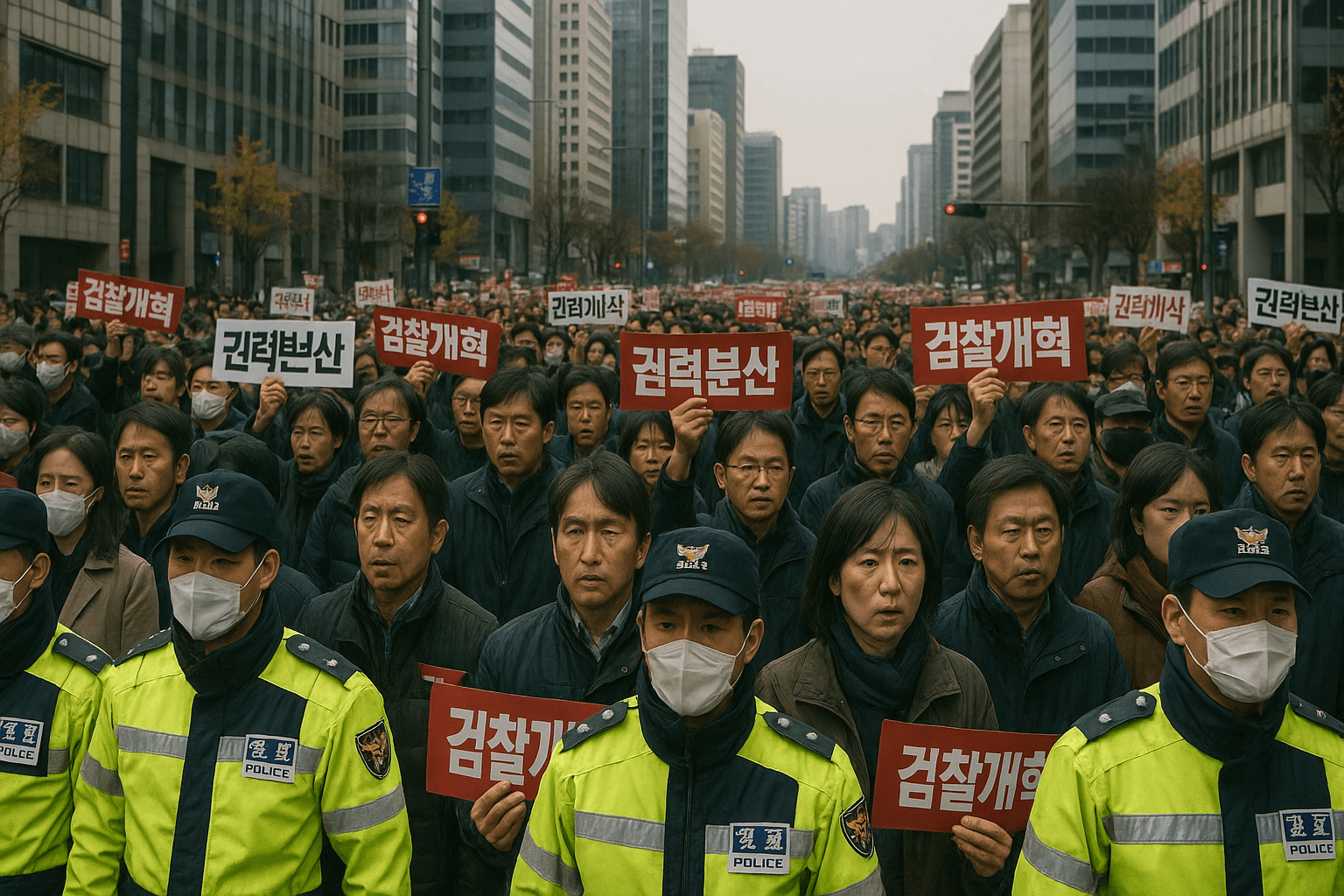 서울 도심에서 한국인 시민들이 &ldquo;검찰개혁&rdquo;&amp;#44; &ldquo;권력분산&rdquo;이라고 적힌 피켓을 들고 시위하는 장면 2