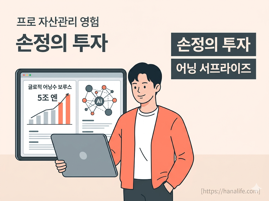 소프트뱅크의 순이익 5조 엔 돌파 소식과 AI 패권을 향한 손정의 회장의 투자 가이드를 담은 인포그래픽