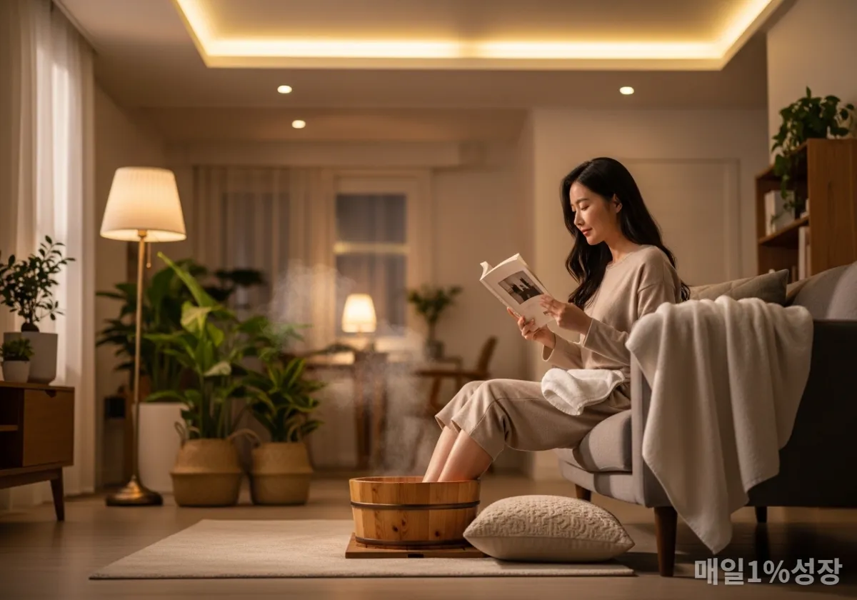 집에서 편안하게 족욕을 즐기며 휴식을 취하는 모습