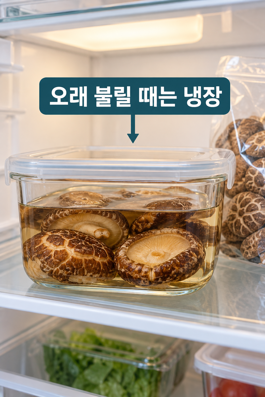 깨끗한 용기의 물에 담긴 표고를 냉장 선반에 둔 모습