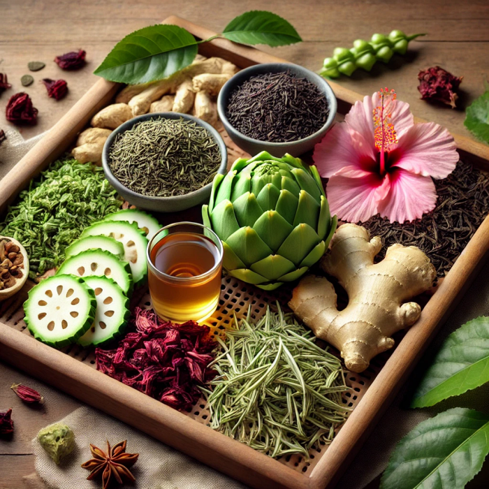 녹차&amp;#44; 돼지감자&amp;#44; 여주&amp;#44; 히비스커스&amp;#44; 생강이 배열된 재료 세트