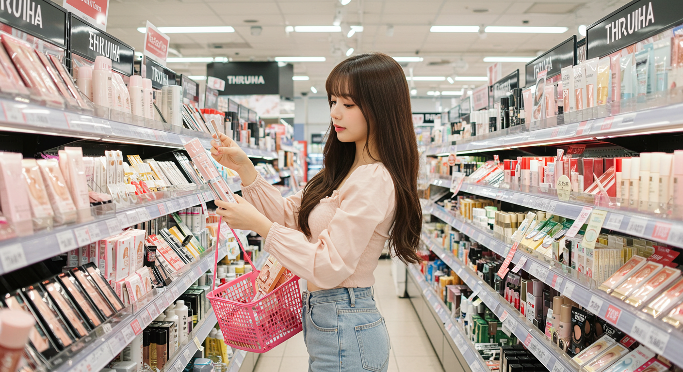 드럭스토어에서 화장품을 고르는 여자