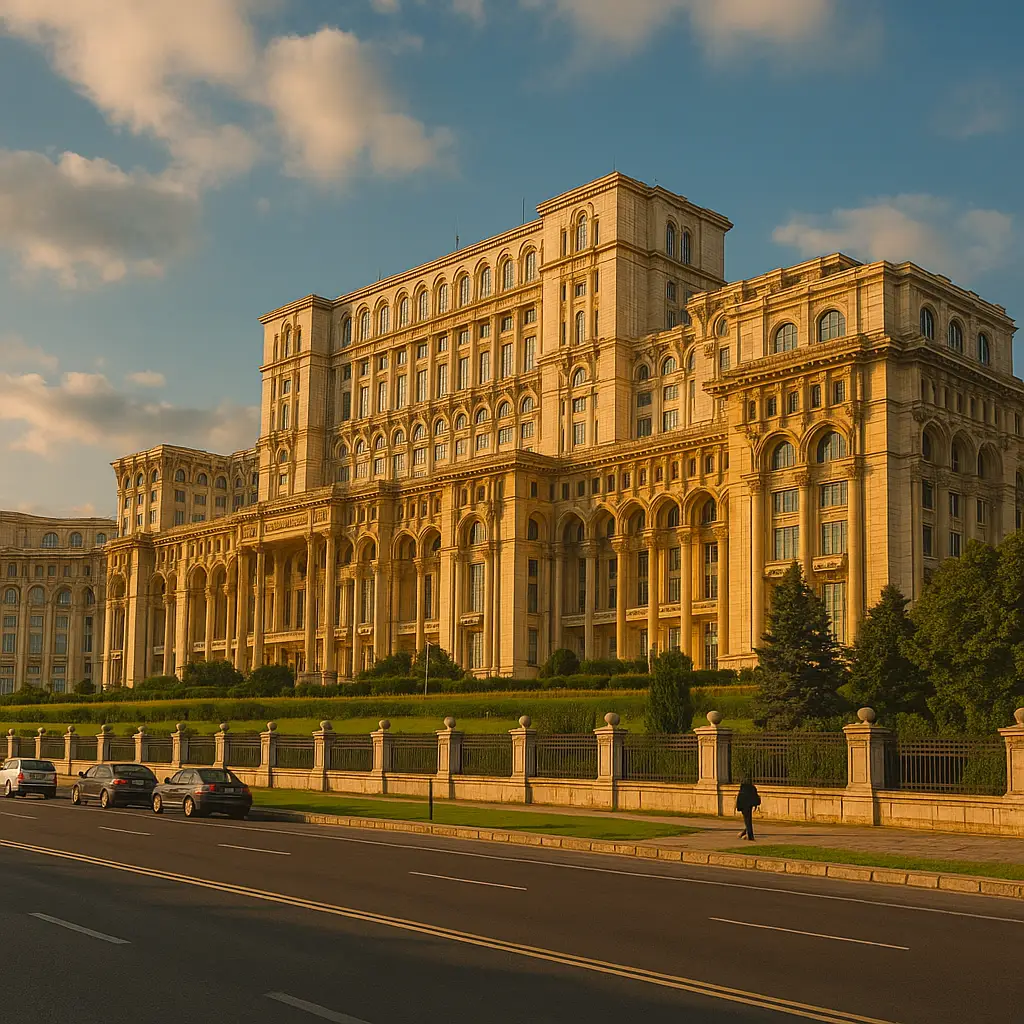루마니아 부쿠레슈티 국회의사당의 석양 실사 사진