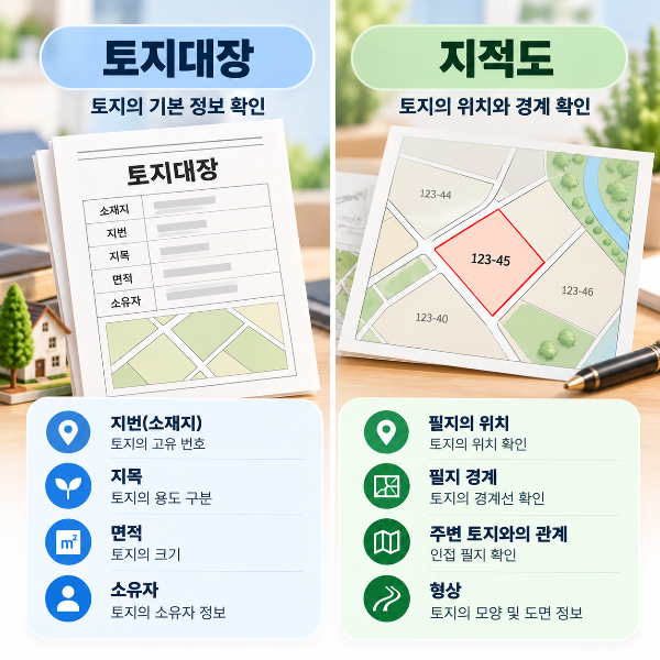 토지대장과 지적도의 차이로 토지 정보와 필지 위치 및 경계를 비교해 안내하는 이미지