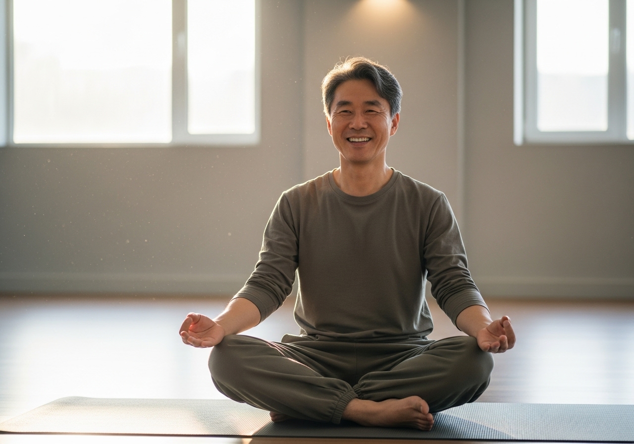 50대 남성 요가 아침 미소
