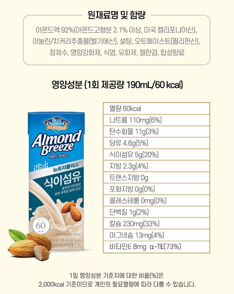 아몬드 브리즈 식이섬유 영양성분표