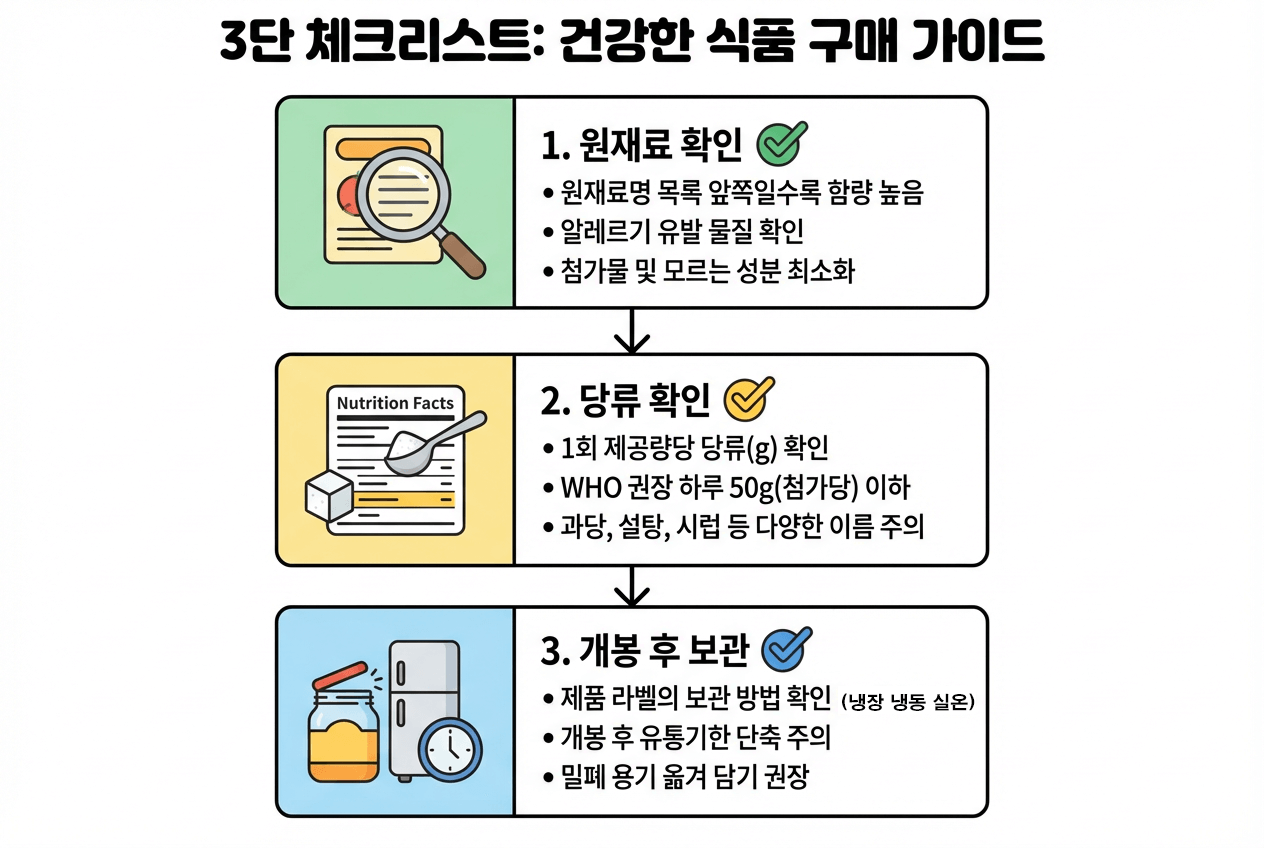 ‘원재료 확인-당류 확인-개봉 후 보관’ 3단 체크리스트 인포그래픽. 구매 전 확인 포인트를 한눈에 보여줌.