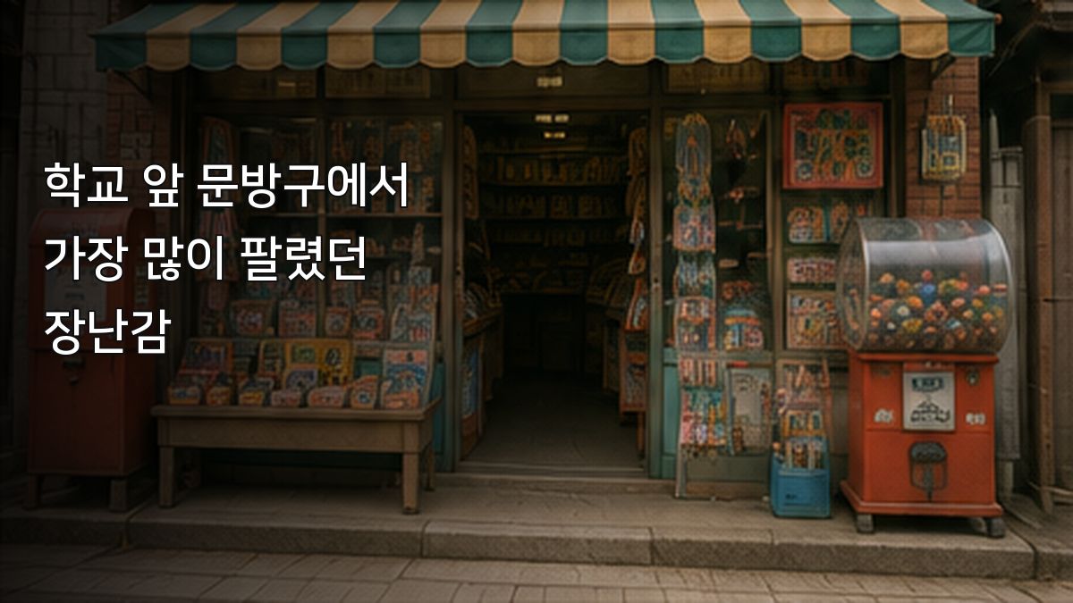 오래된 문방구 출입문과 차양 아래에 과자와 작은 장난감이 진열된 모습