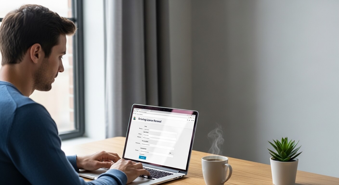 책상에서 노트북으로 운전면허 갱신 신청을 하는 남성