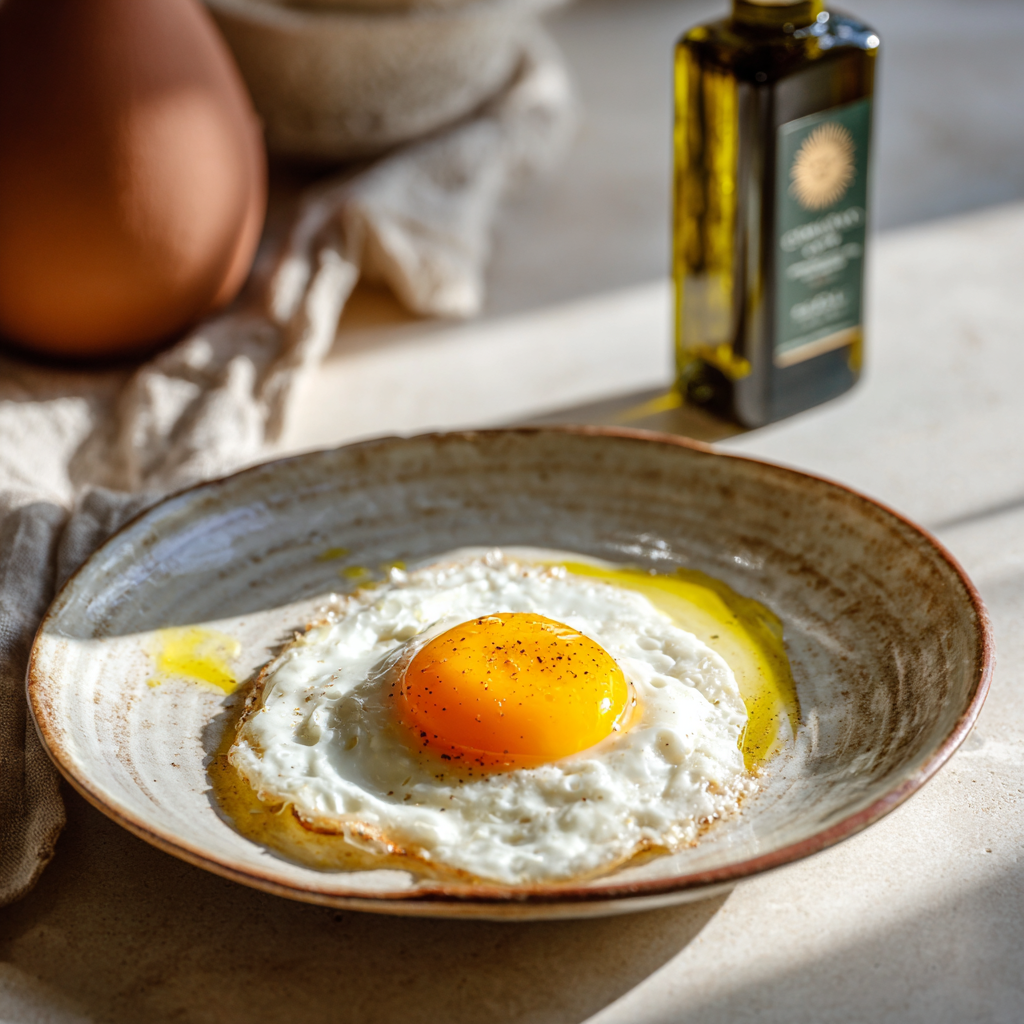 엑스트라버진 올리브유로 조리된 반숙 계란. 노른자가 촉촉하게 흐르며, 고급 도자기 접시에 담겨 있고 올리브오일 병이 배경에 있음