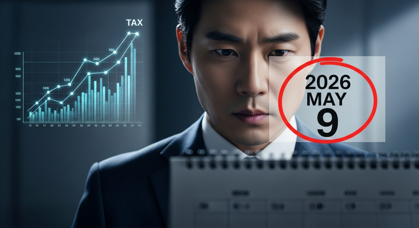정장을 입은 젊은 중년의 한국 남성이 '2026년 5월 9일'에 빨간 동그라미가 쳐진 달력을 심각하게 바라보고 있는 클로즈업. 배경에는 급격히 상승하는 세금 그래프가 흐릿한 홀로그램으로 떠 있음. 긴장감 있고 전문적인 분위기, 영화 같은 조명, 고해상도, 검은 머리.