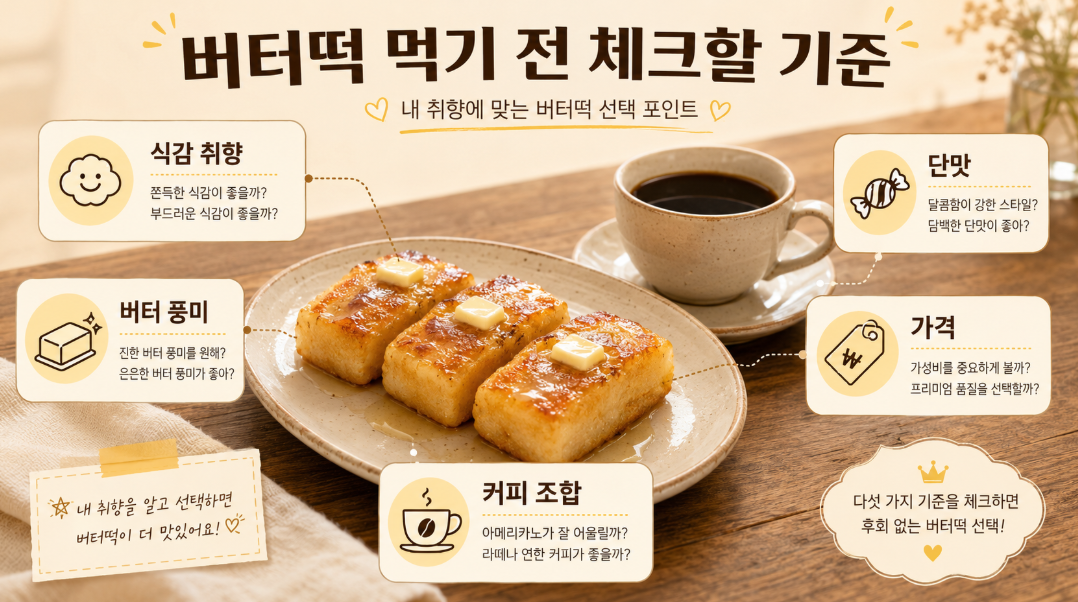 버터떡을 고를 때 식감 취향과 버터 풍미, 단맛, 가격, 커피 조합을 비교하는 이미지