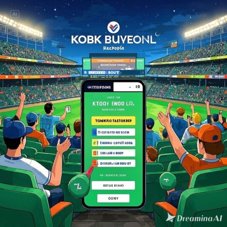 KBO 플레이오프 야구장, 티켓 예매 그래픽, 좌석 배치도, 인터파크 앱 화면, 열정적인 팬 배경, 생동감 있는 색감, KBO 로고 포함