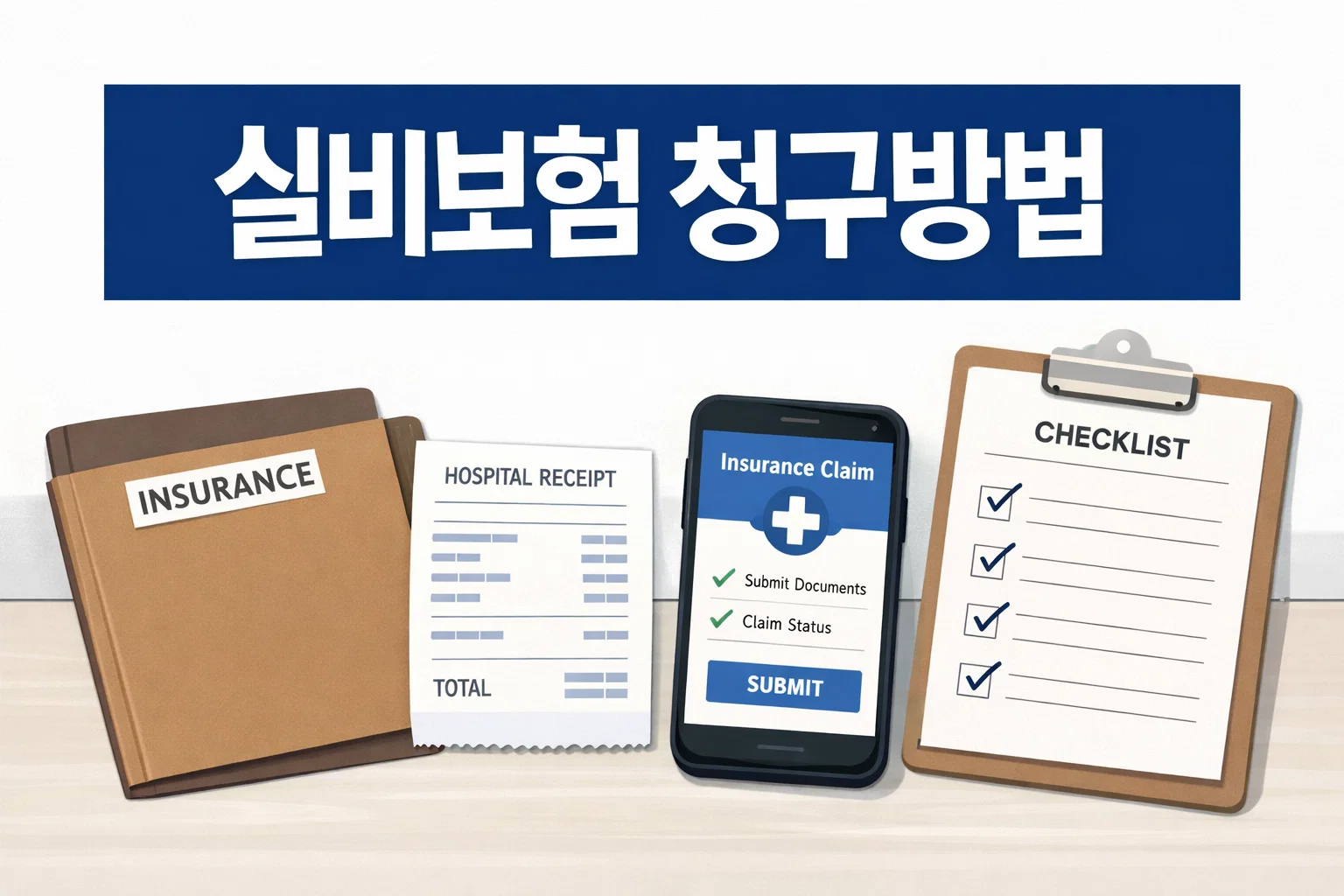 실비보험 청구방법을 처음 볼 때 보험 서류 영수증 모바일 접수와 체크리스트까지 전체 흐름을 함께 이해하도록 보여주는 썸네일 이미지