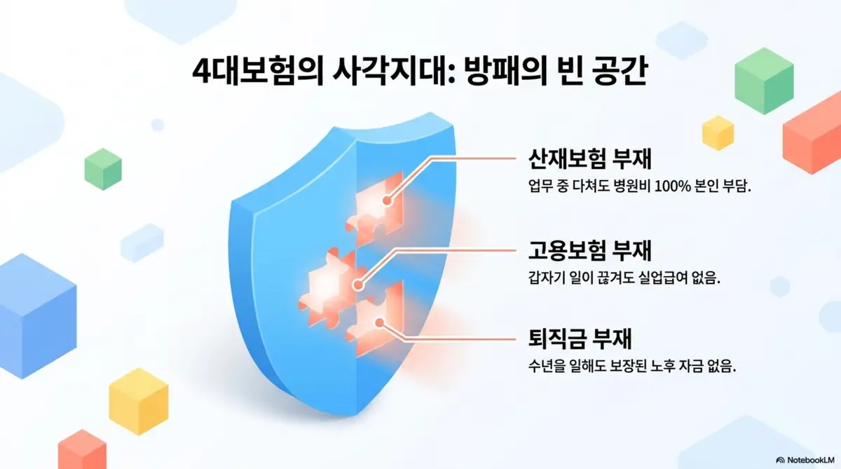 프리랜서 4대보험: 프리랜서 4대보험 사각지대를 방패의 빈 공간으로 표현하여 산재보험 부재로 업무 중 다쳐도 병원비 100퍼센트 본인 부담 고용보험 부재로 일이 끊겨도 실업급여 없음 퇴직금 부재로 노후 자금 보장 없음이라는 세 가지 공백을 시각적으로 전달하며 블로그의 프리랜서 4대보험 사각지대와 관련된 내용을 설명함