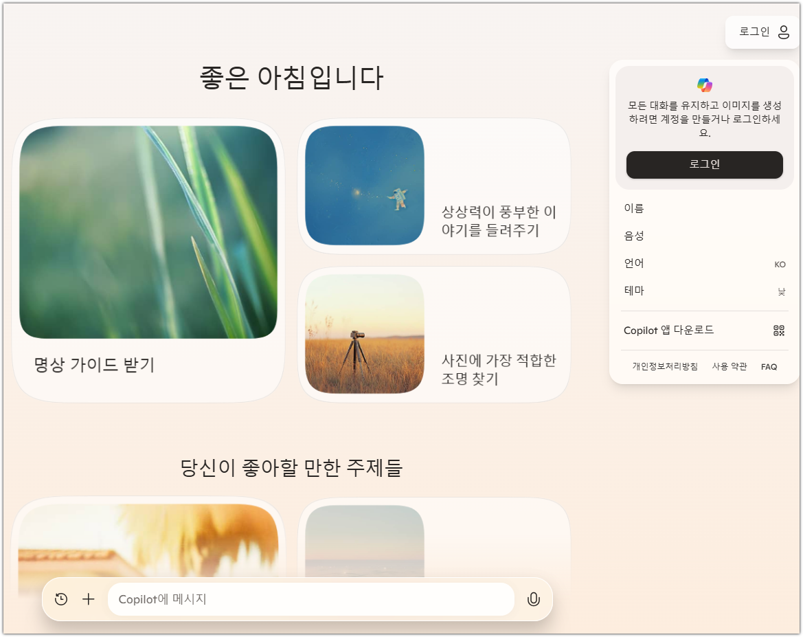 코파일럿 홈페이지 화면