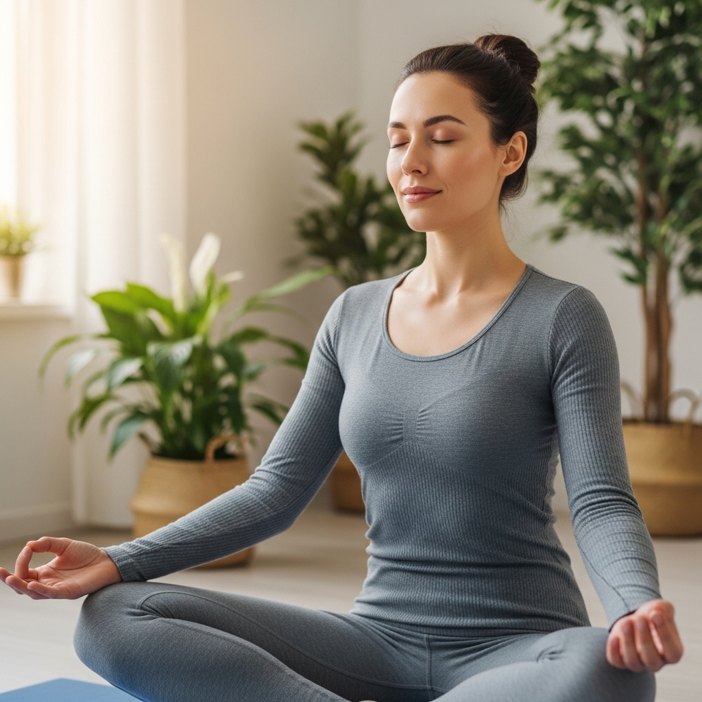 평화로운 공간에서 명상하며 자궁 건강을 돌보는 여인의 모습