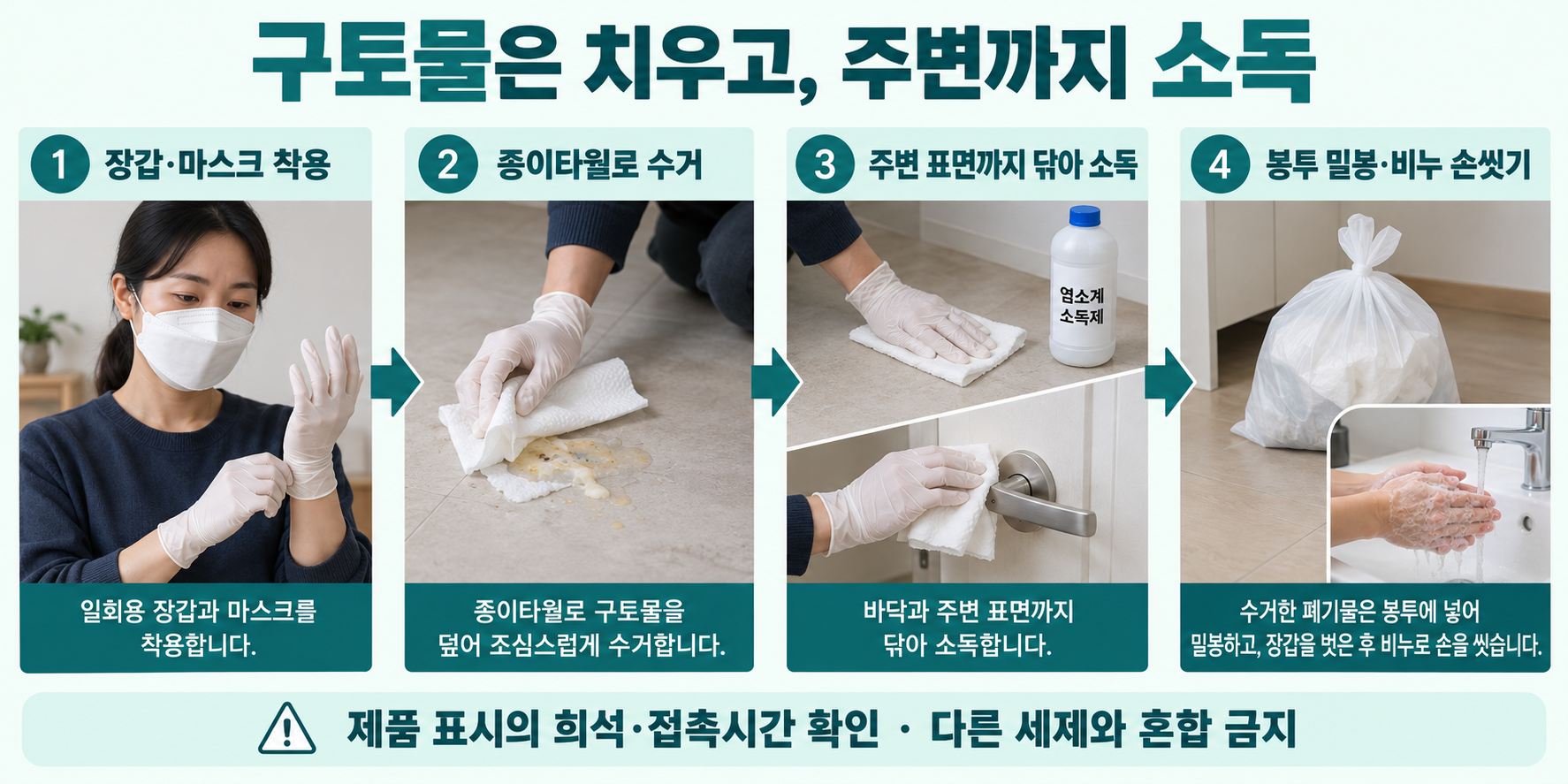 마스크·장갑 착용, 종이타월 수거, 주변 표면까지 닦아 소독, 봉투 밀봉과 비누 손씻기의 실제 사진 과정. 희석비를 임의로 넣거나 세제를 혼합하지 않음.