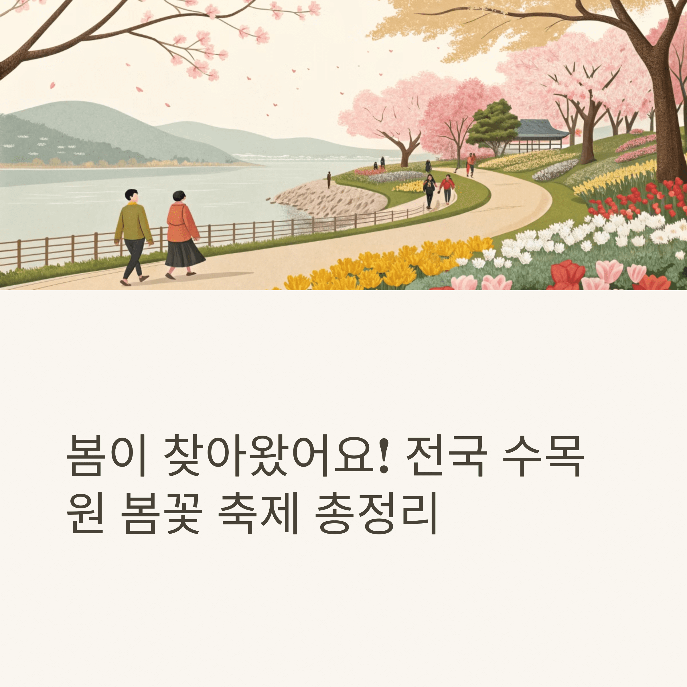 vibrant spring flowers blooming in Korean botanical garden, colorful tulips and cherry blossoms, bright sunny day, people enjoying the scenery