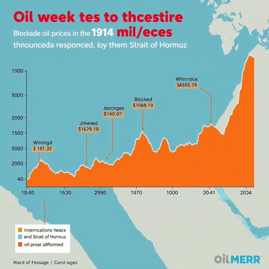 이란의 호르무즈 해협 봉쇄 위협이 국제 유가에 미치는 직접적인 영향을 보여줍니다. 실제 유가 차트나 가상의 급등 그래프를 통해 봉쇄 위협이 발표될 때마다 유가가 어떻게 반응하는지 시각적으로 전달하여, 경제적 파급 효과를 명확히 드러냅니다