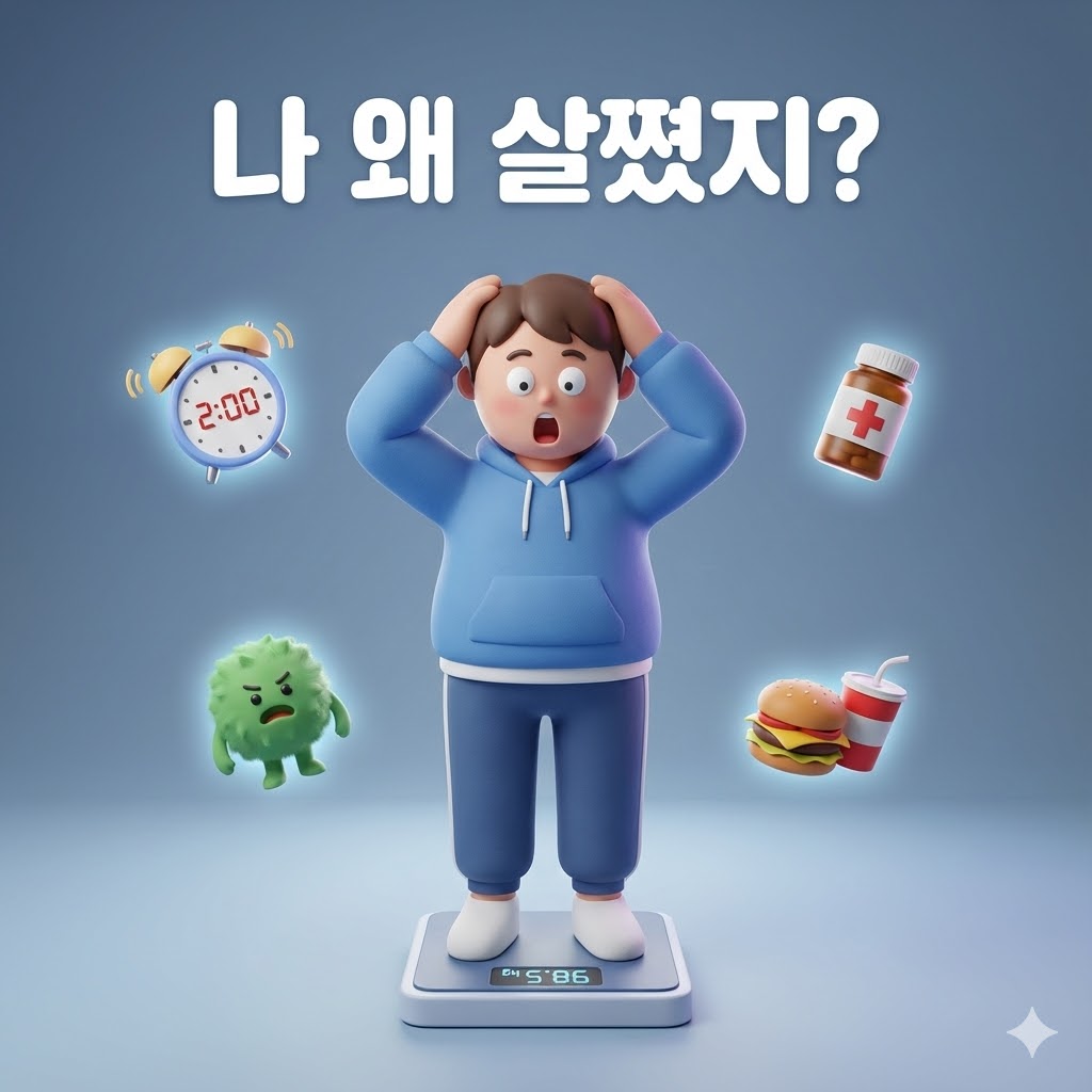 갑자기 불어난 체중으로 당황하며 체중계에 서 있는 사람, '나 왜 살쪘지?' 문구가 있는 3D 카툰 일러스트.