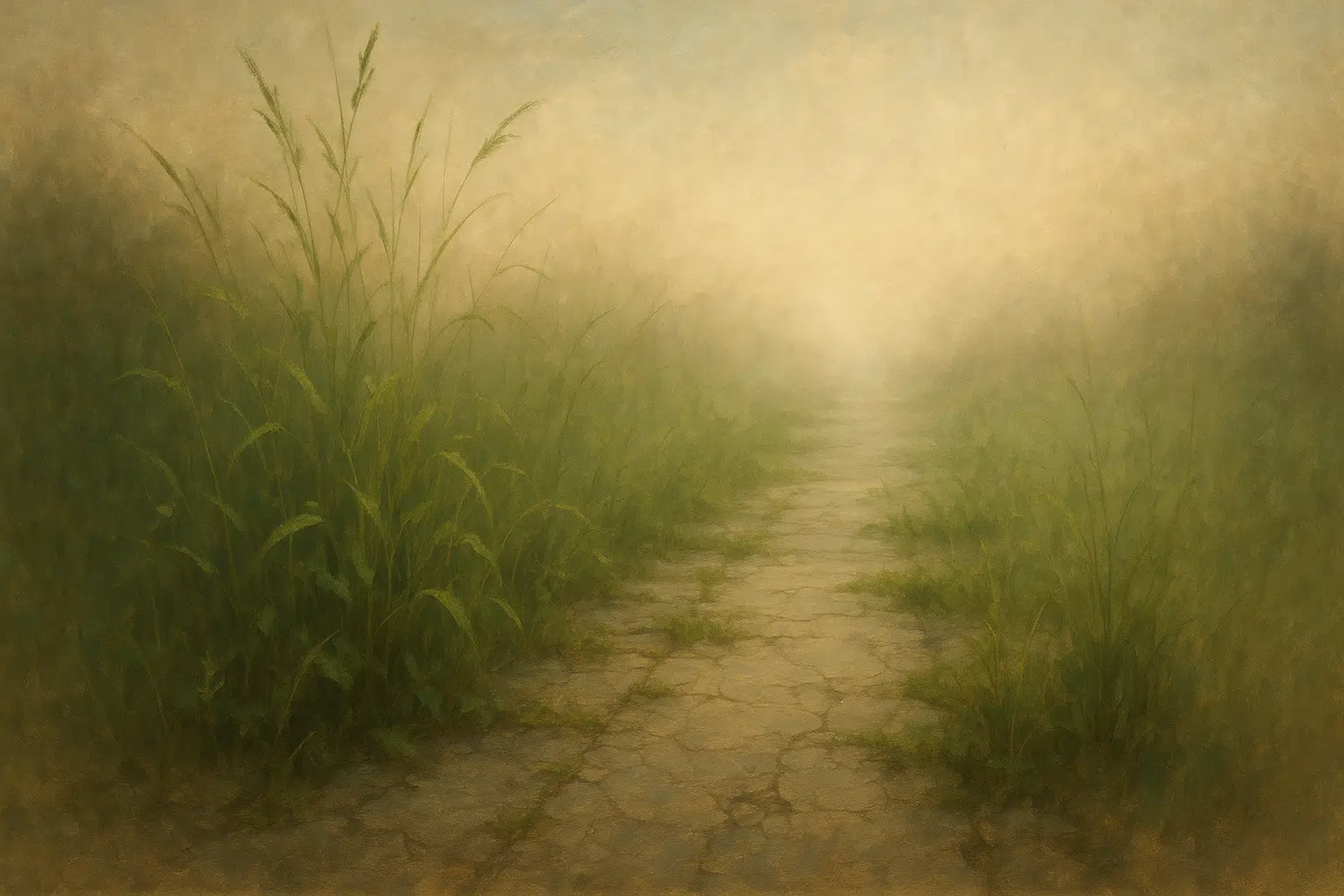 오래된 길 위로 잡초가 무성해지는 장면